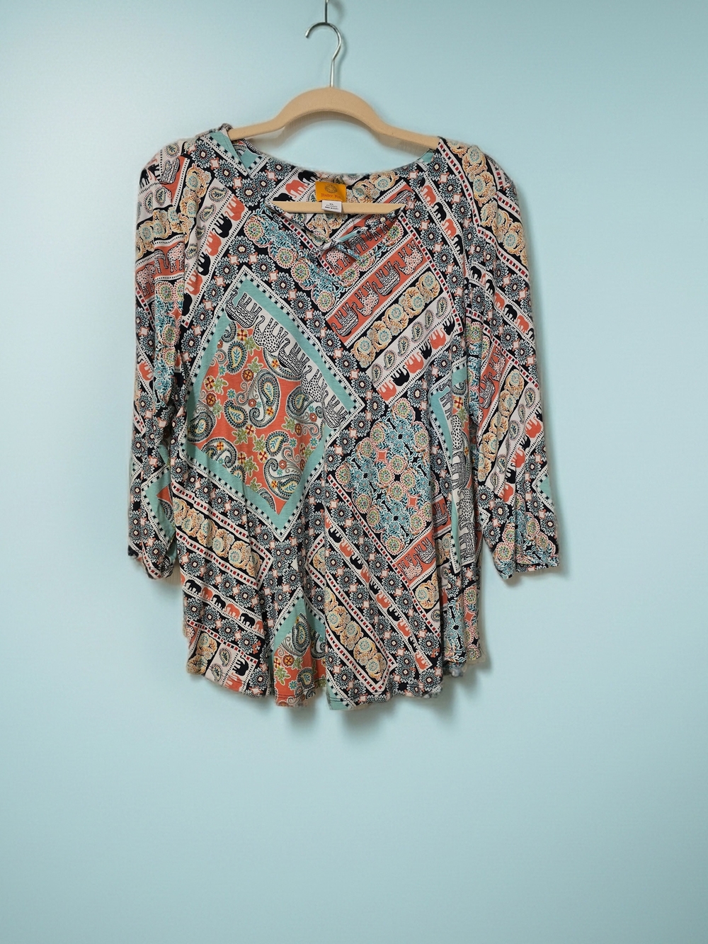 Ruby Rd. Multicolor Patchwork Paisley Tunic with Teal & Coral Accents
